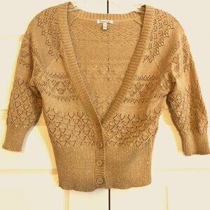 New HERITAGE 1981 Antique Gold Metallic Crop Cardigan Open-weave Sweater S
